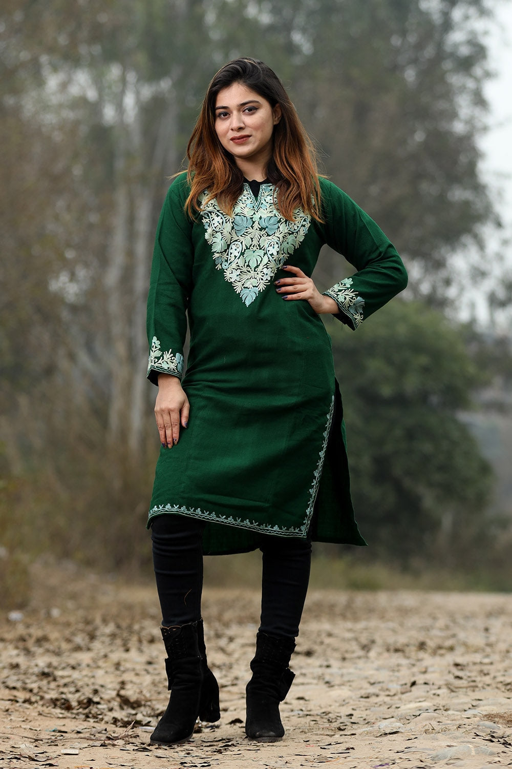 Green Color Aari Work Embroidered Kurti With New Designer