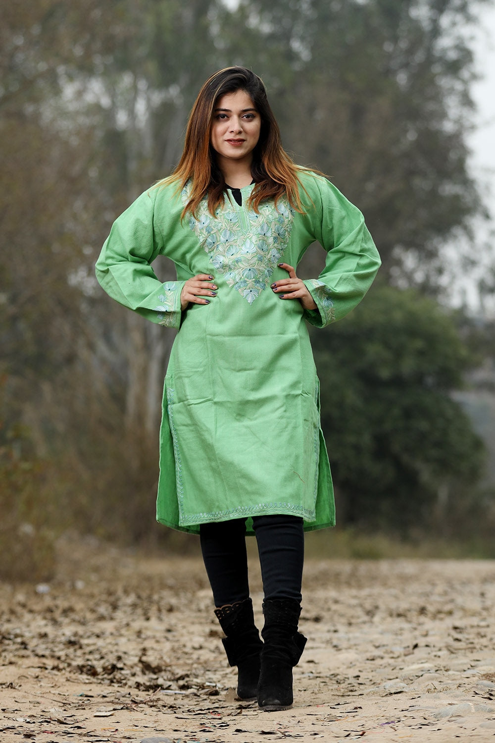 Green Color Aari Work Embroidered Kurti With New Designer