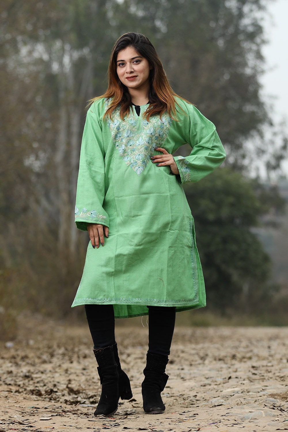 Green Color Aari Work Embroidered Kurti With New Designer