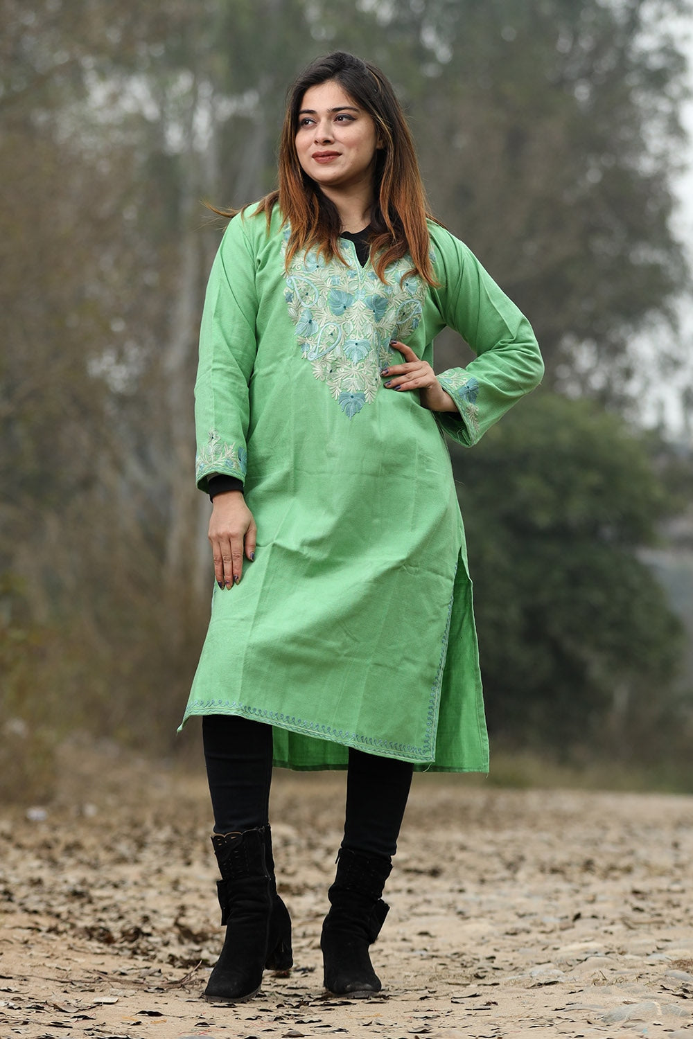 Green Color Aari Work Embroidered Kurti With New Designer