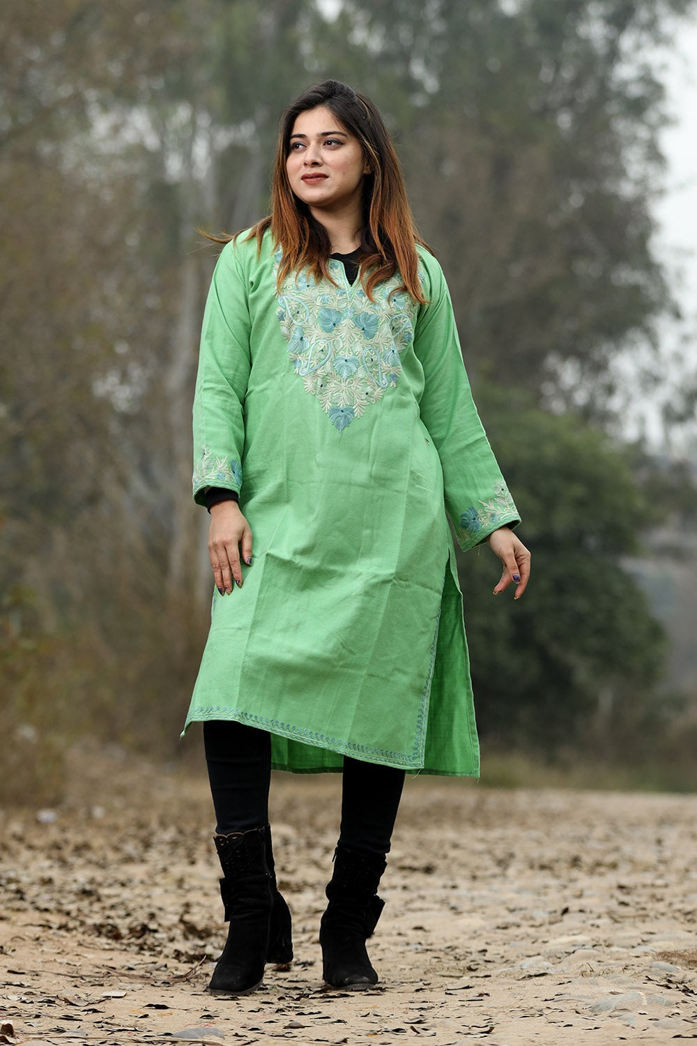 Green Color Aari Work Embroidered Kurti With New Designer