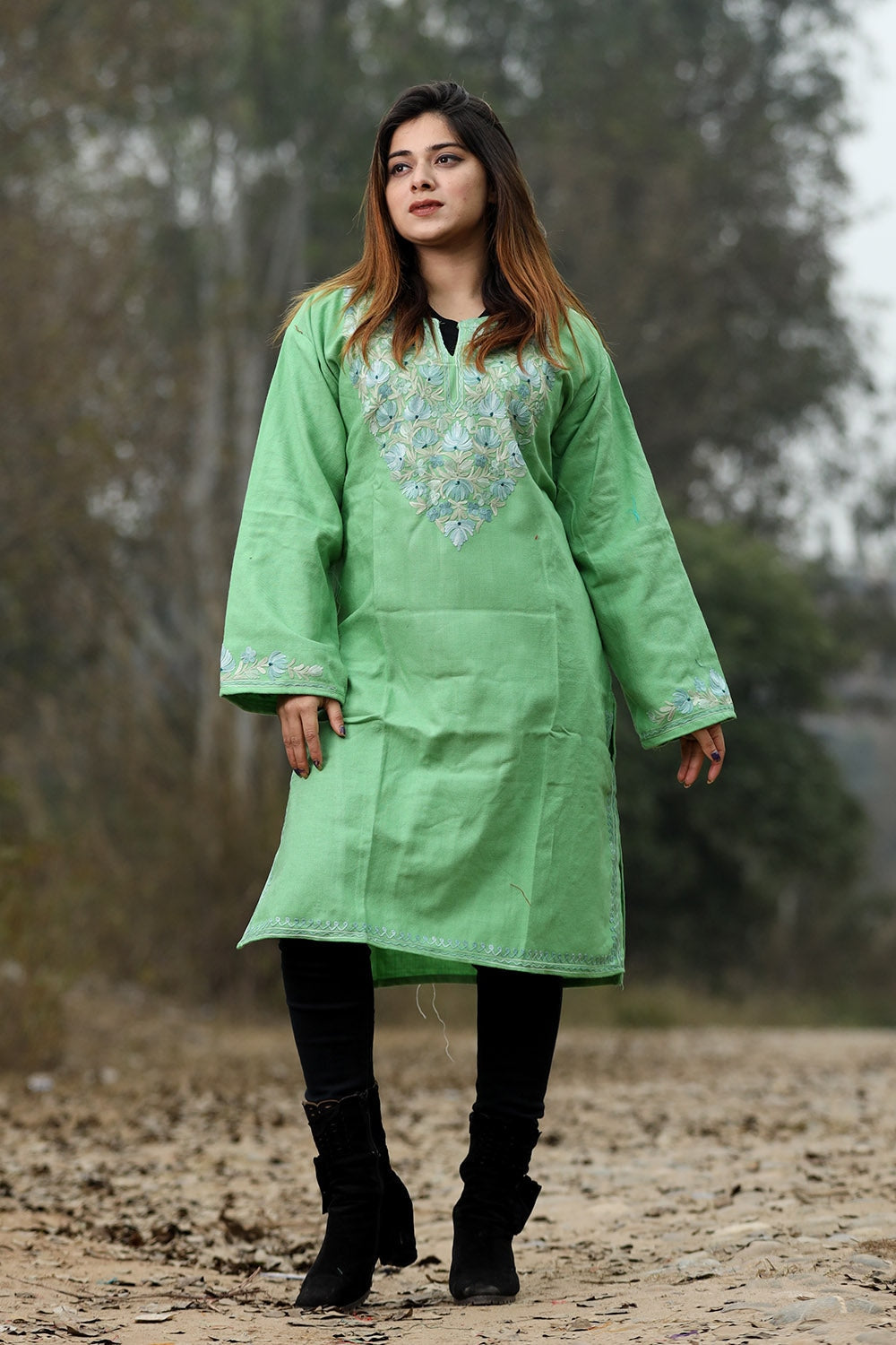 Green Color Aari Work Embroidered Kurti With New Designer