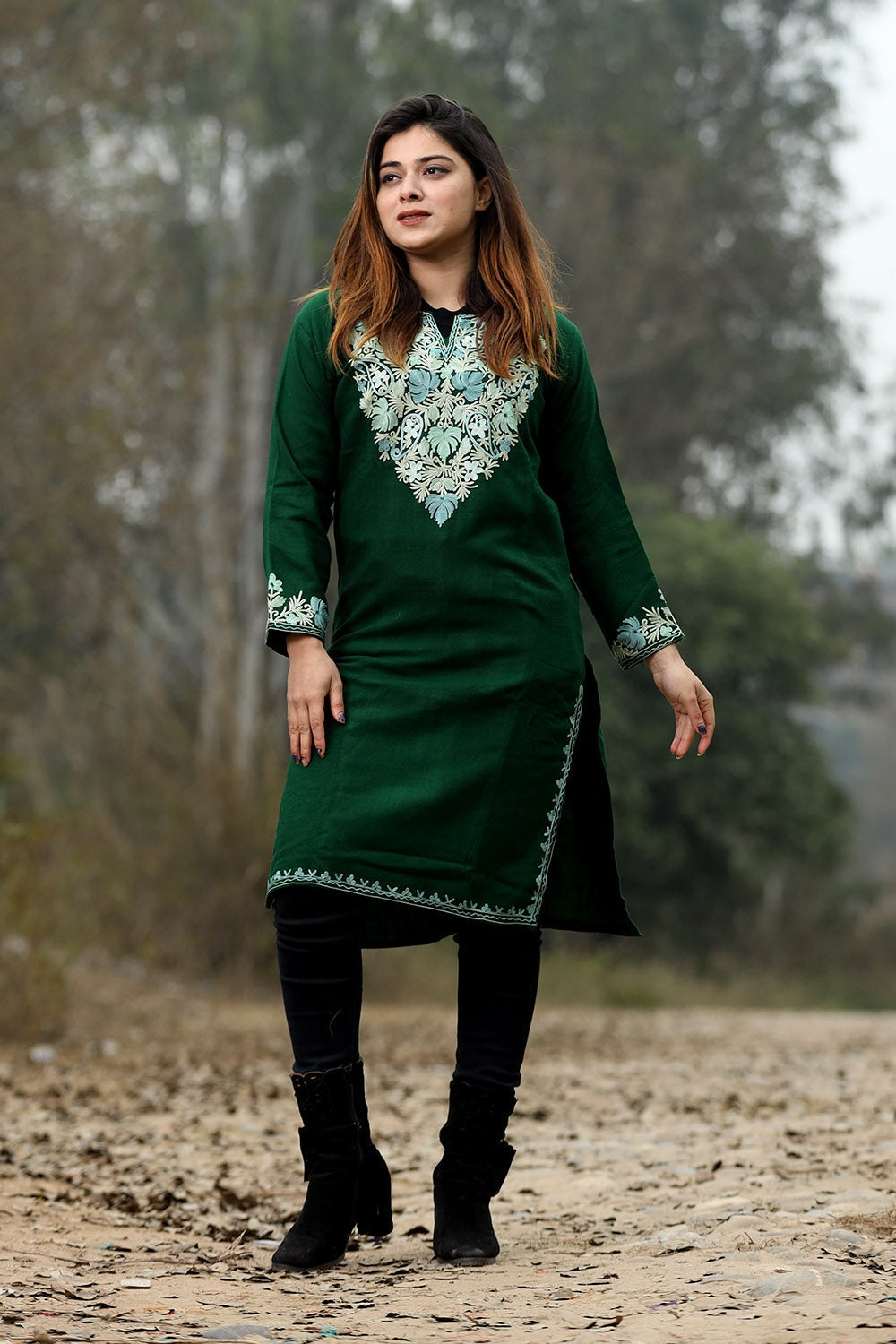 Green Color Aari Work Embroidered Kurti With New Designer