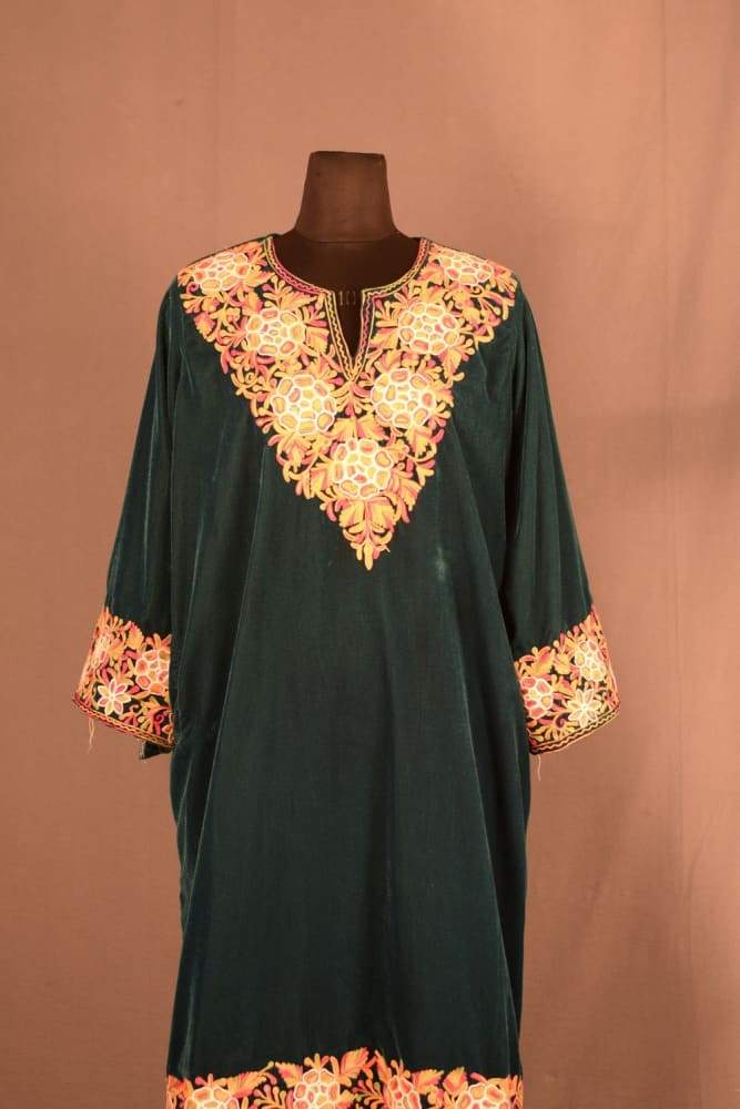 Green Color Aari Work Embroidered Velvet Phiran Enriched