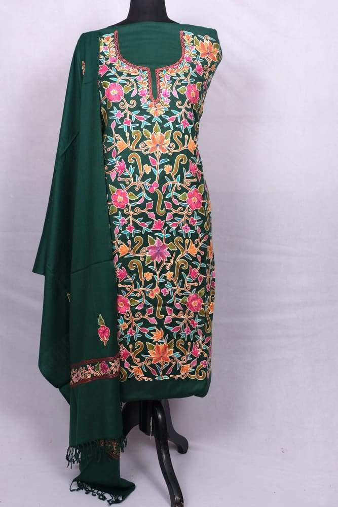 Mehandi Green Color Kashmiri Aari Work Unstitched Woollen