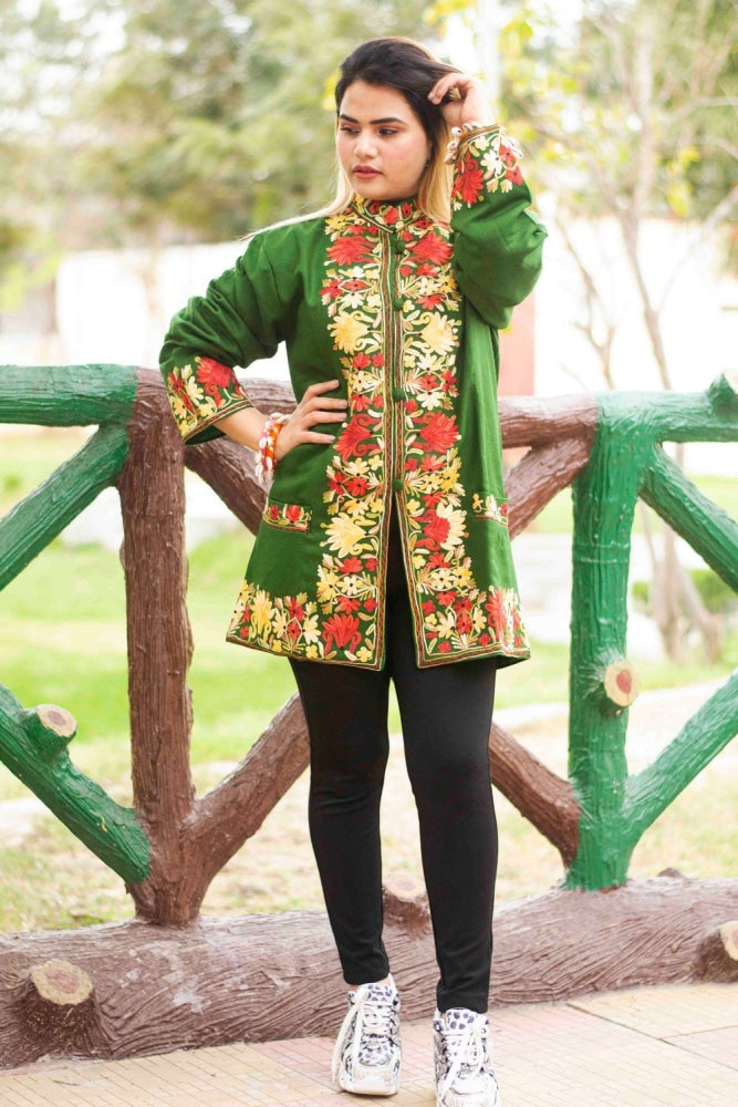 Green Colour Aari Work Embroidered Short Jacket With New