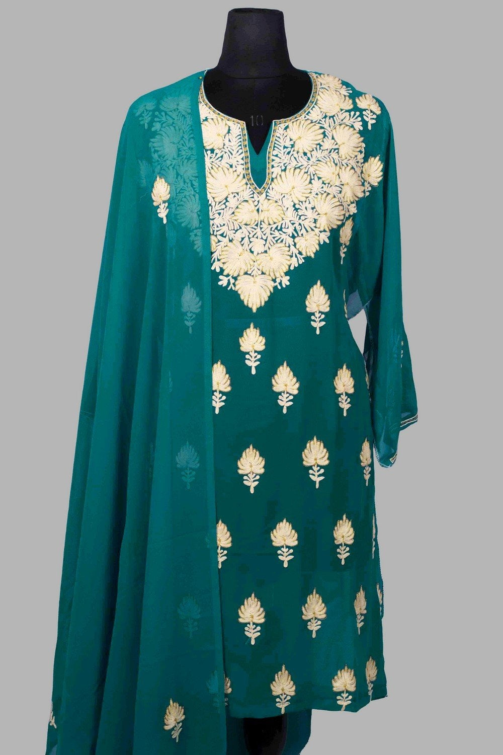 Green Colour Aari Work Kurti With Golden Thread Embroidery