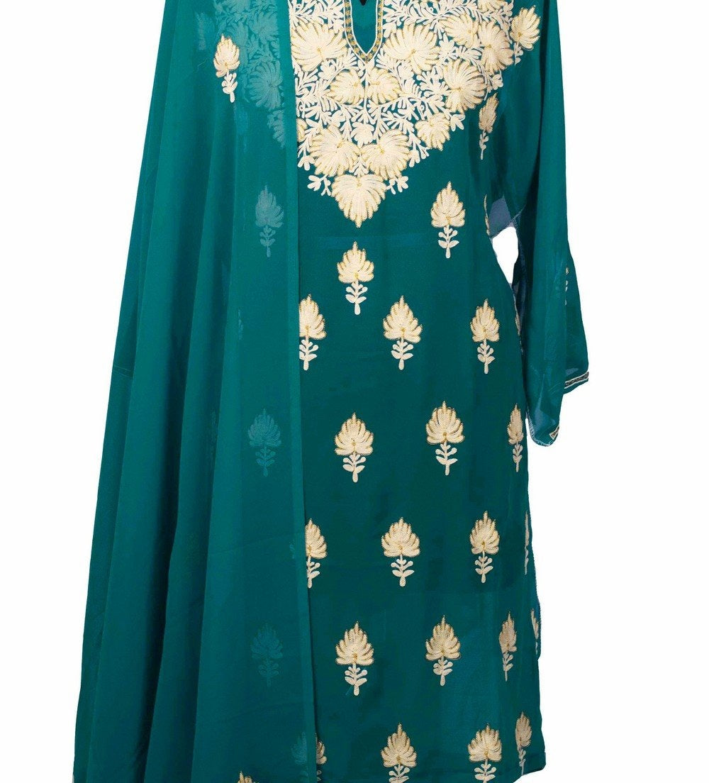 Green Colour Aari Work Kurti With Golden Thread Embroidery