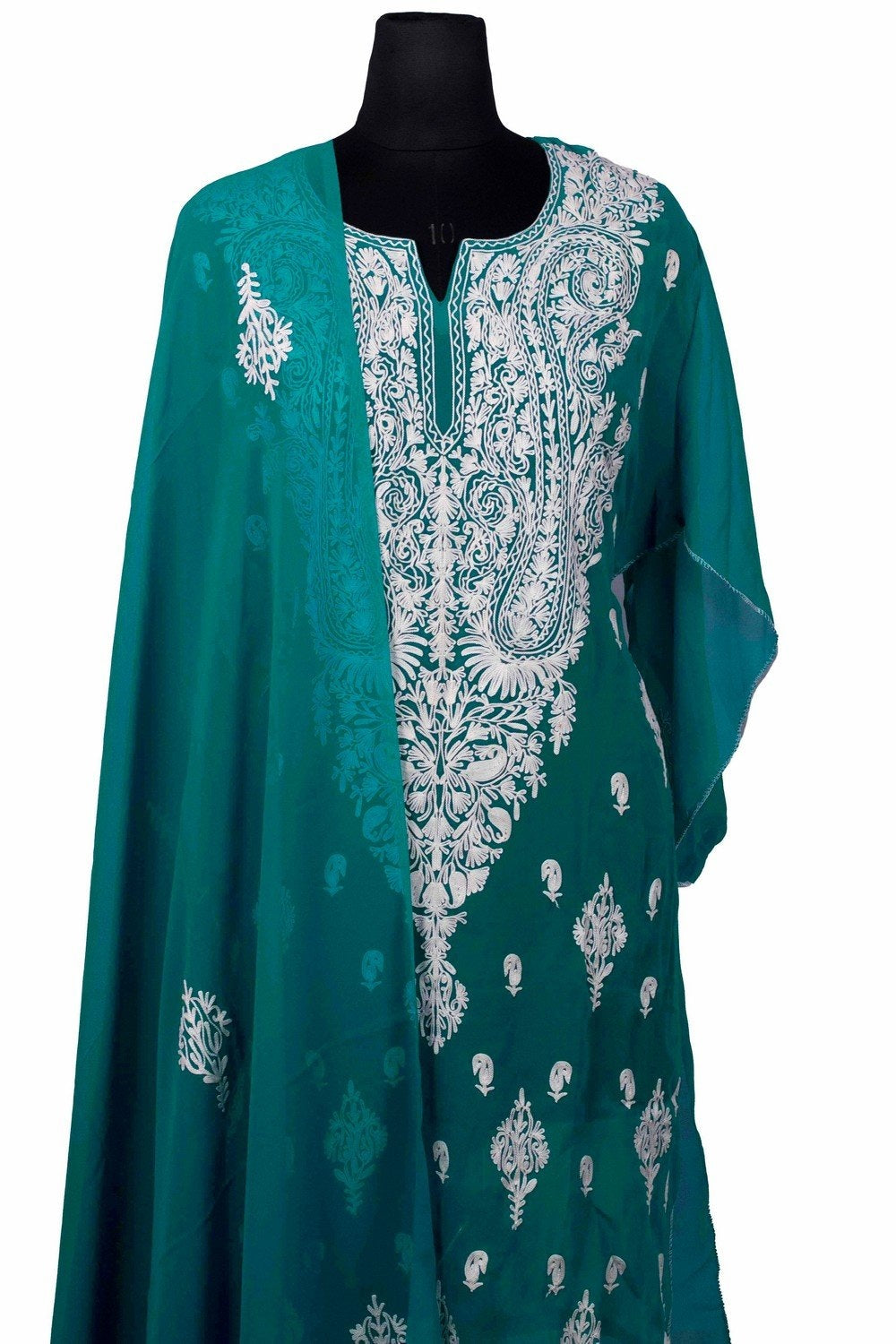 Green Colour Aari Work Kurti With Long Neck Embroidery