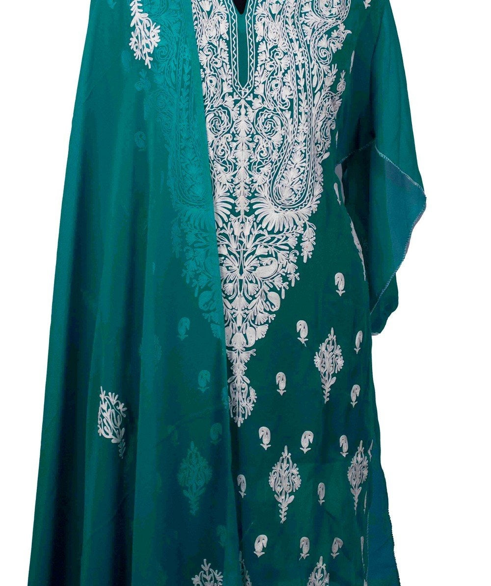 Green Colour Aari Work Kurti With Long Neck Embroidery