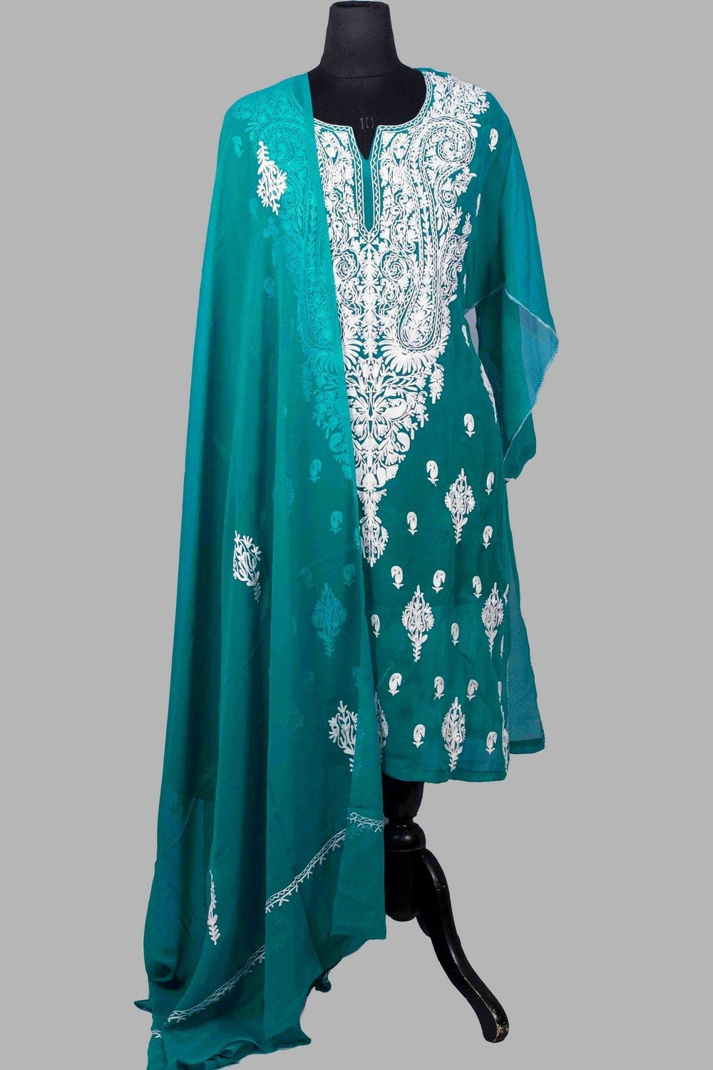 Green Colour Aari Work Kurti With Long Neck Embroidery