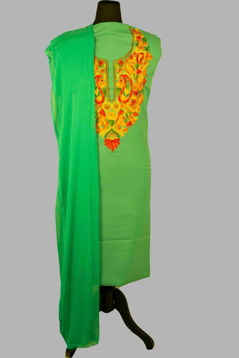 Green Colour Aari Work Salwar Kameez With Blooming Multi