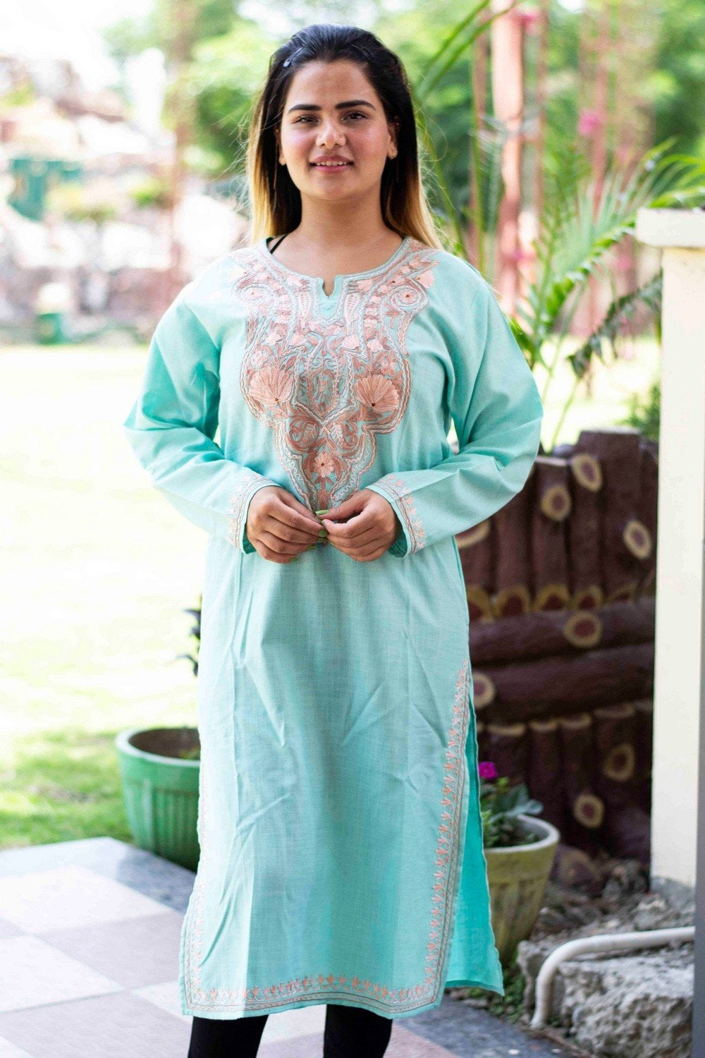 Green Colour Cotton Kurti With Beautiful Aari Embroidery