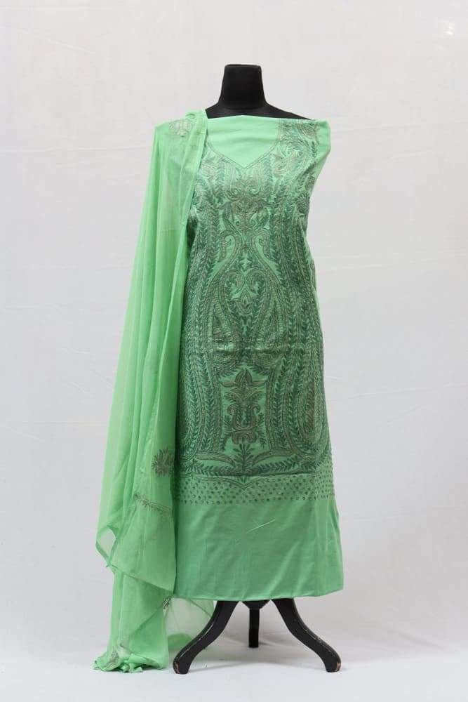 Green Colour Kashmiri Aari Work Embroidered Cotton Suit