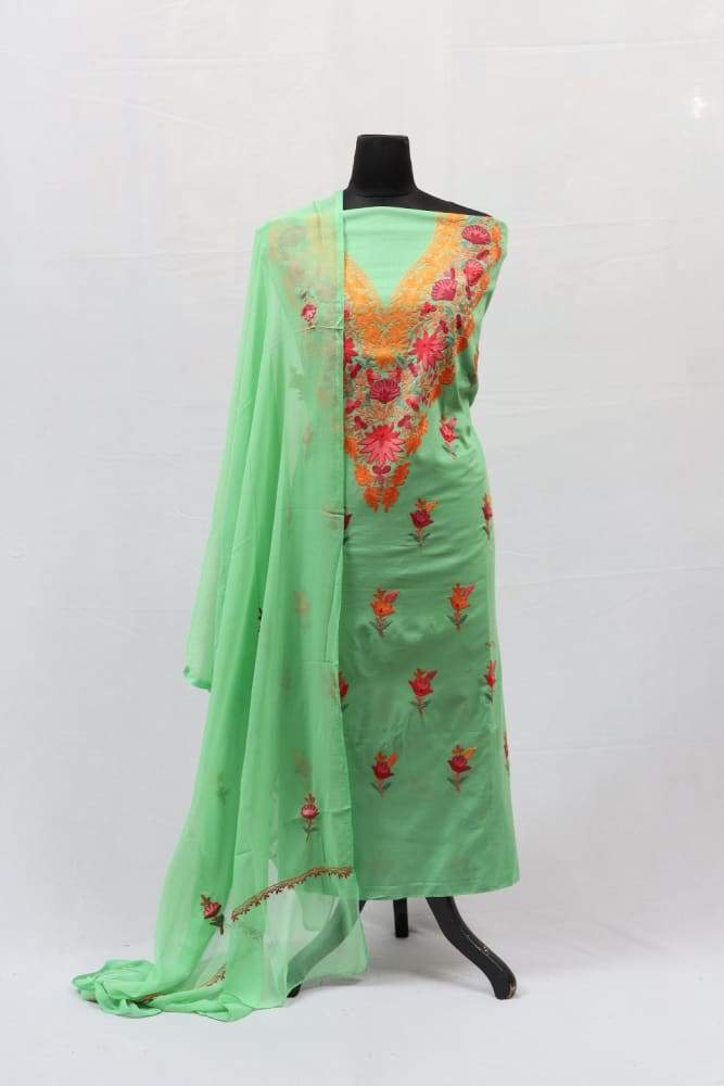 Green Colour Kashmiri Aari Work Embroidered Cotton Suit