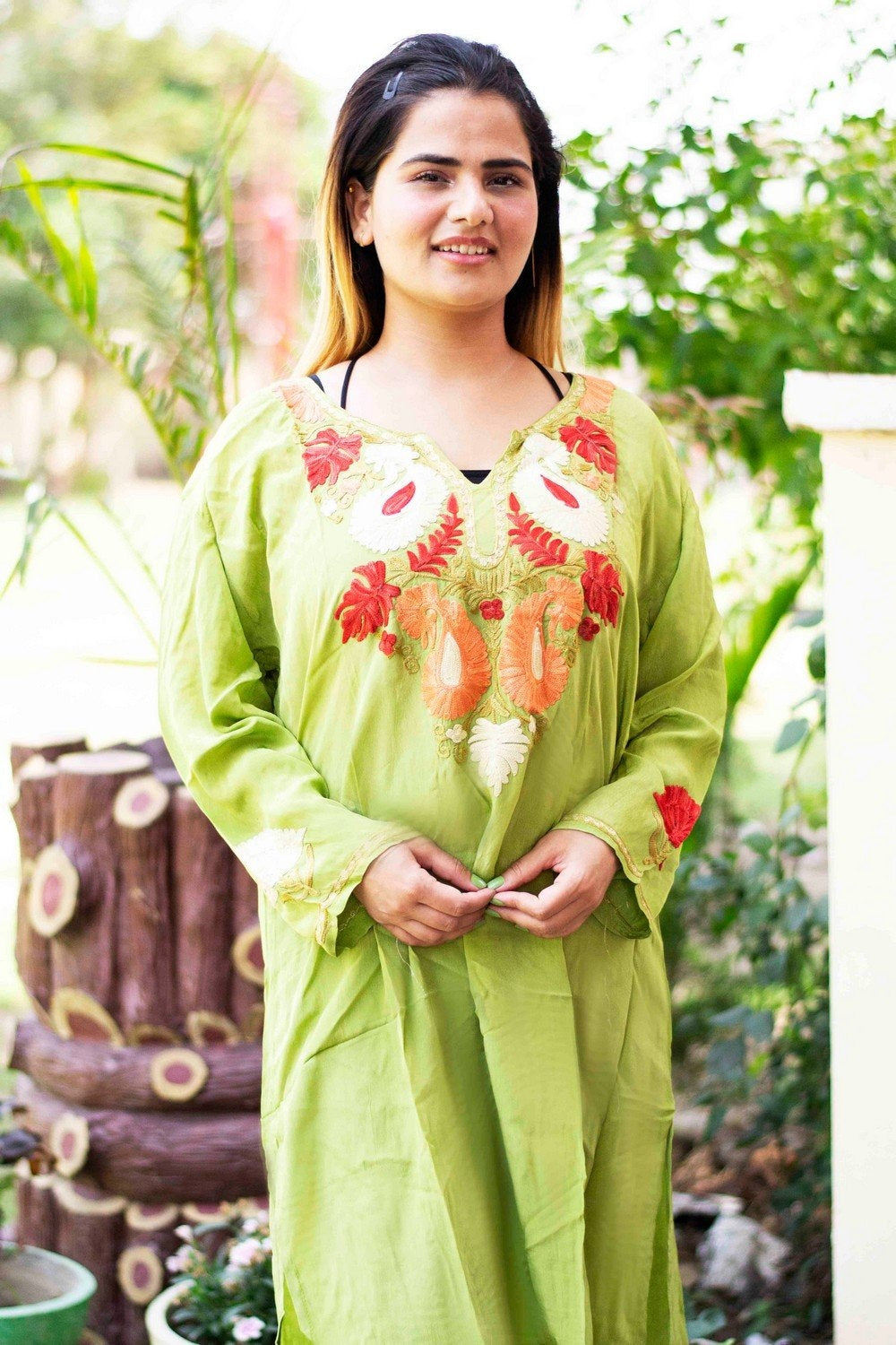 Green Colour Kashmiri Crepe Kurti With Beautiful Aari