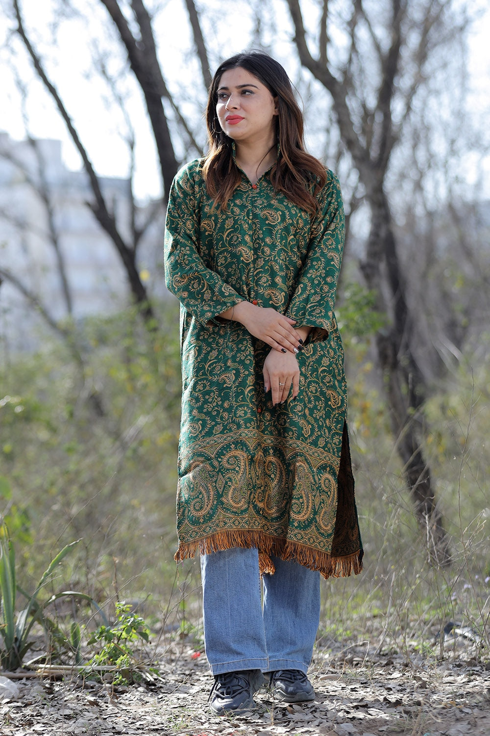 Green Color Kashmiri Woven Sherwani With Paisleys Pattern