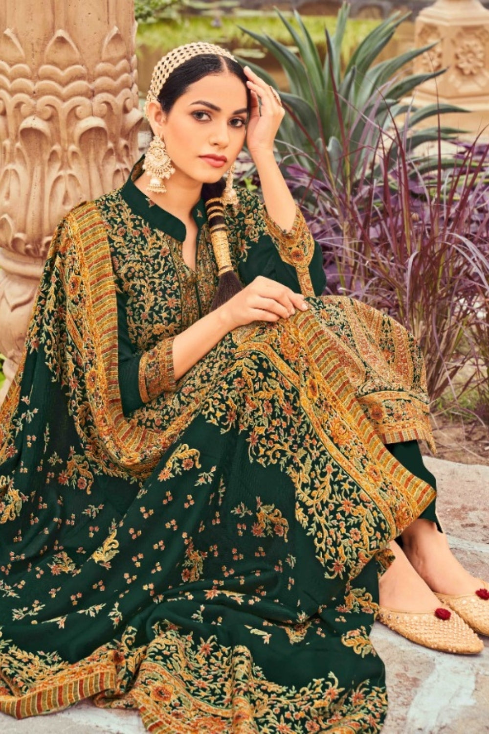Green Colour Printed Woolen Unstitched Suit Fabric