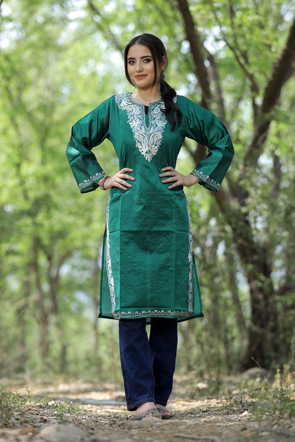 Green Colour Rayon Silk Kurti With Beautiful Aari