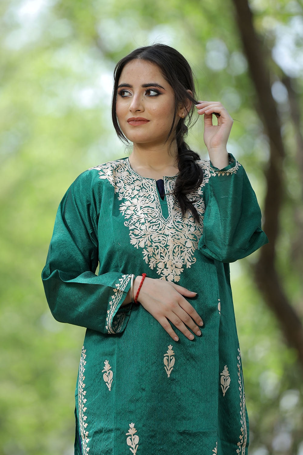 Green Colour Rayon Silk Kurti With Beautiful Aari