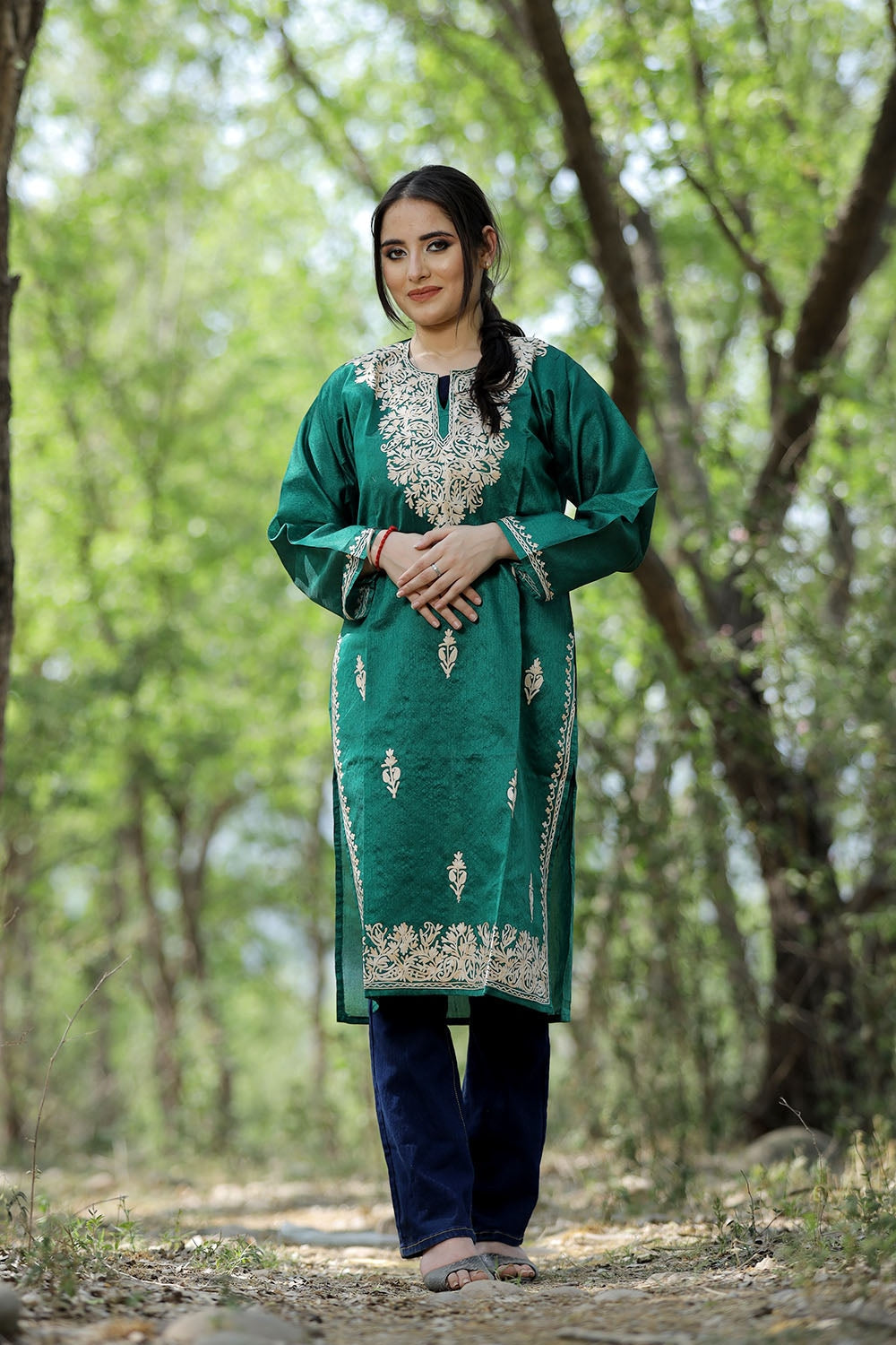 Green Colour Rayon Silk Kurti With Beautiful Aari