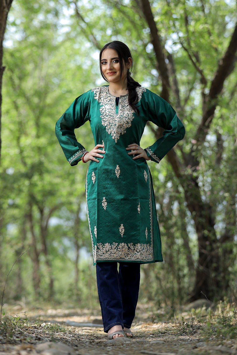 Green Colour Rayon Silk Kurti With Beautiful Aari