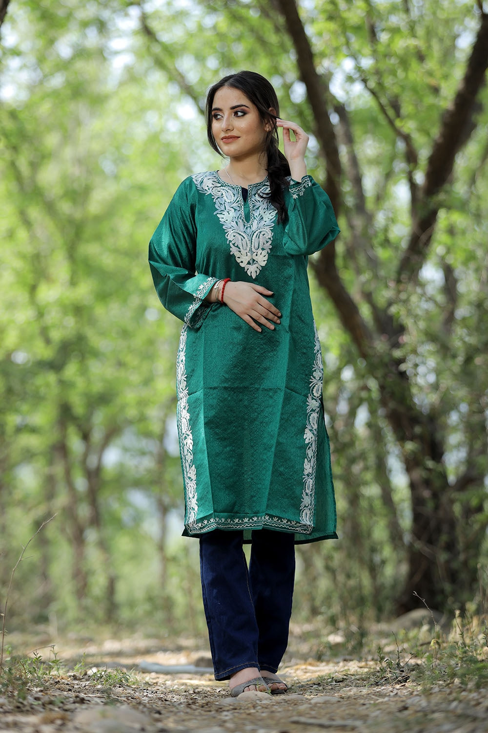 Green Colour Rayon Silk Kurti With Beautiful Aari