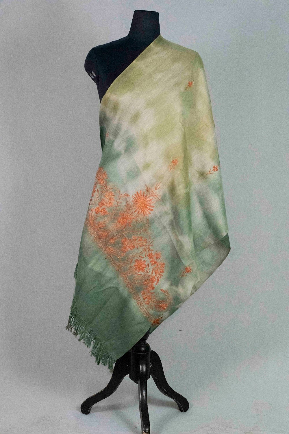 Green Colour Tye Dye Stole With kashmiri Embroidery