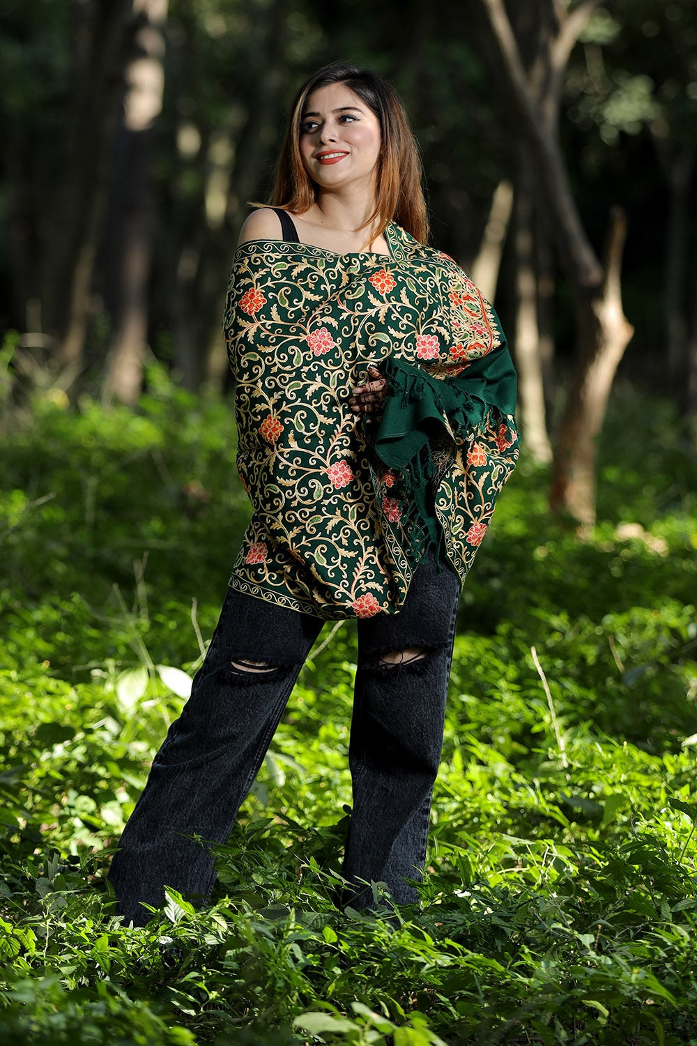 Green Colour Wolen Base With Rich All Over Kashmiri Jaal