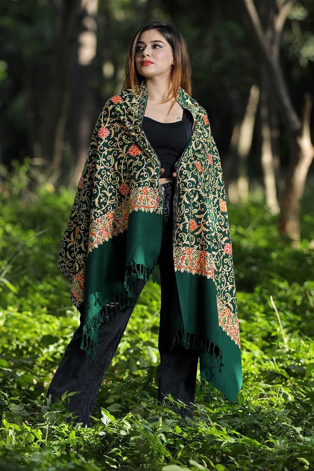 Green Colour Wolen Base With Rich All Over Kashmiri Jaal