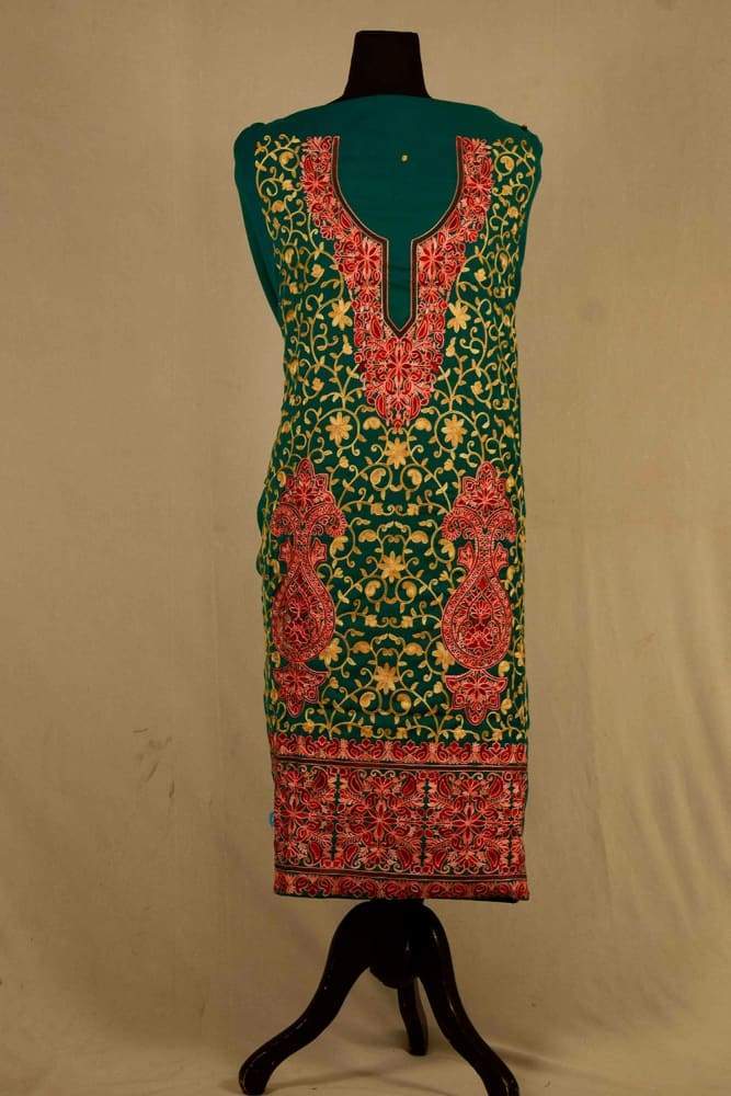 Green Colour Wool Aari Work Suit With Stole Crafted