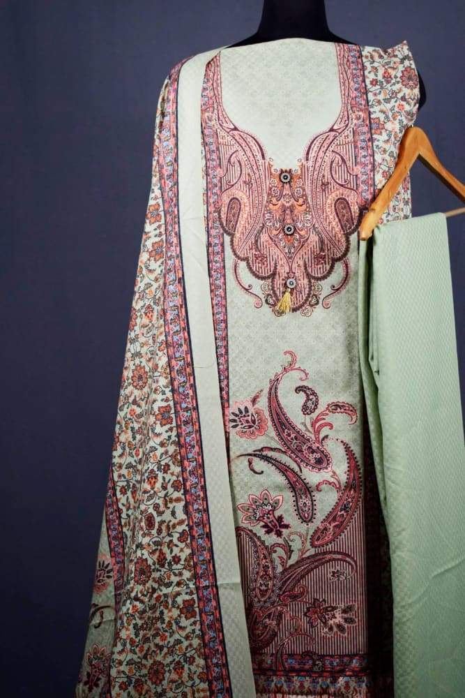 Green Colour Woolen Kani Printed Suit With Neck And OverAll