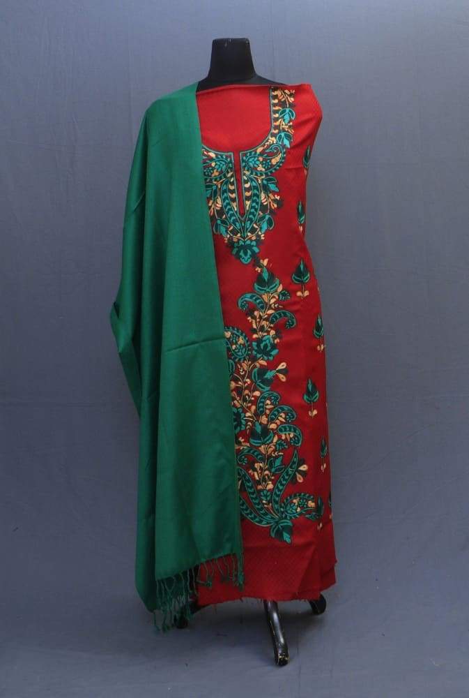 Green And Maroon Color Suit Having Aari Embroidery On Neck