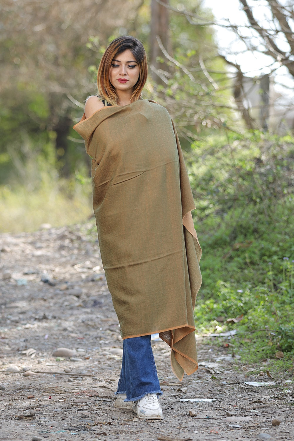 Green & Orange Colour Reversible Semi Pashmina Shawl.