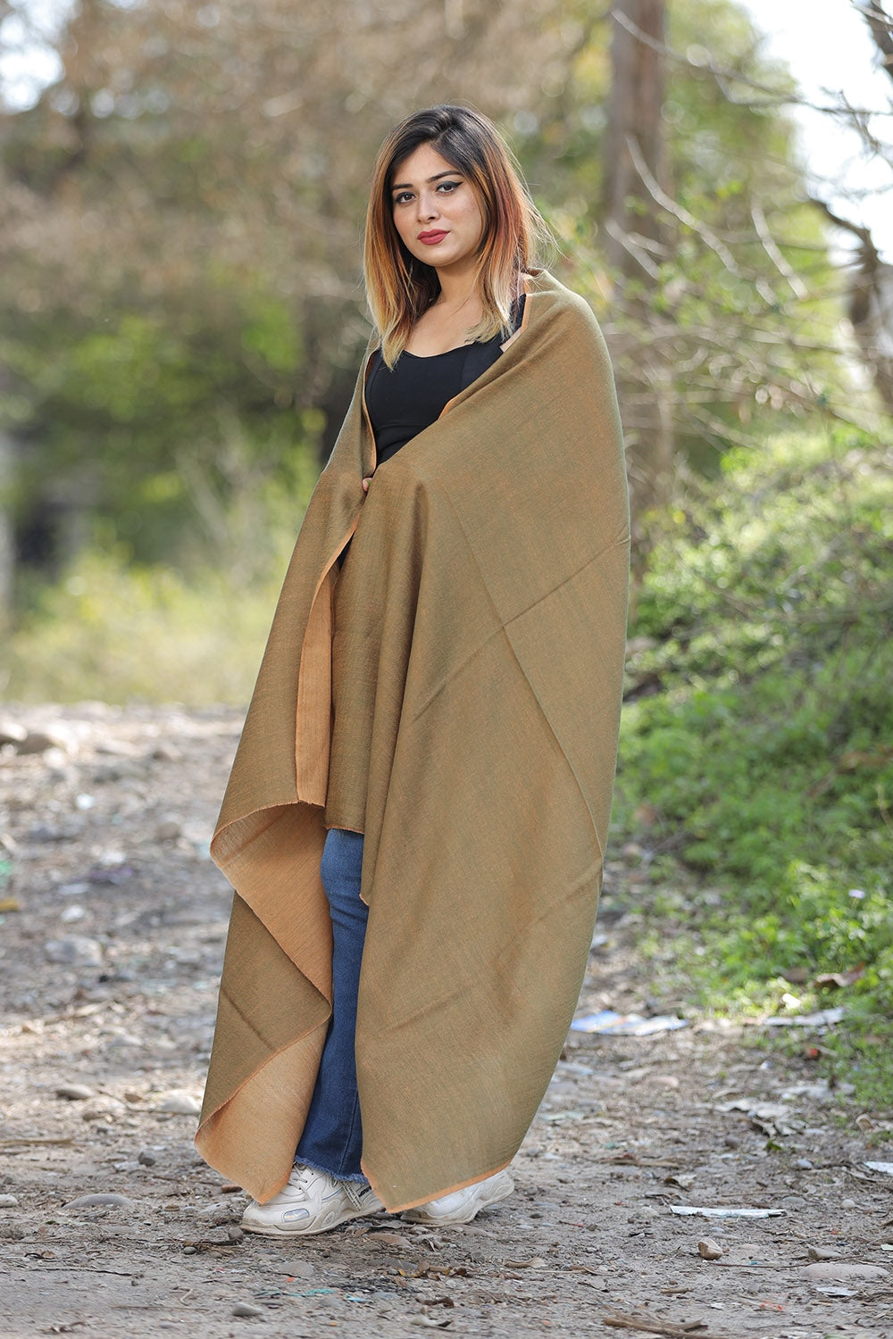 Green & Orange Colour Reversible Semi Pashmina Shawl.