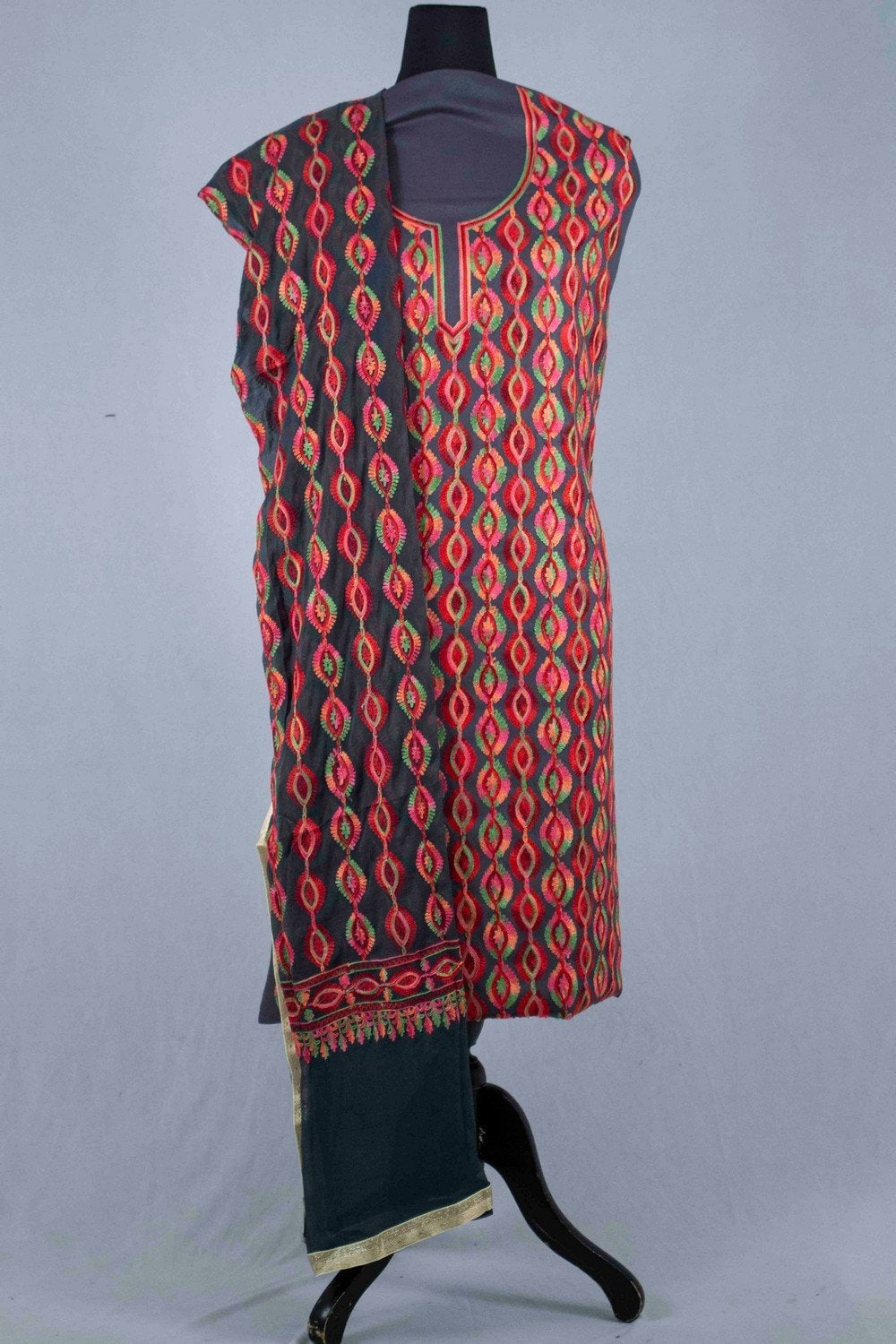 Grey Color Silk Cotton Kashmiri Embroidered Designer Suit