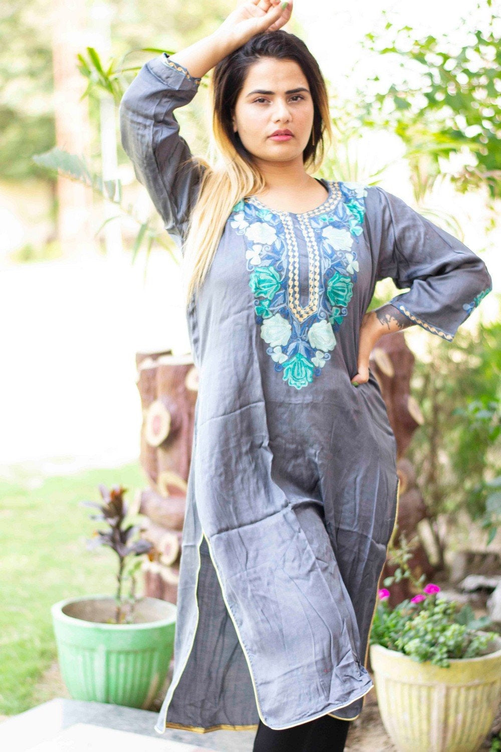 Grey colour cotton kurti with beautiful aari embroidery gives