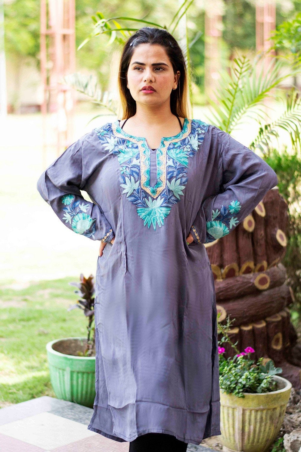Grey colour kashmiri crepe kurti with beautiful aari embroidery gives