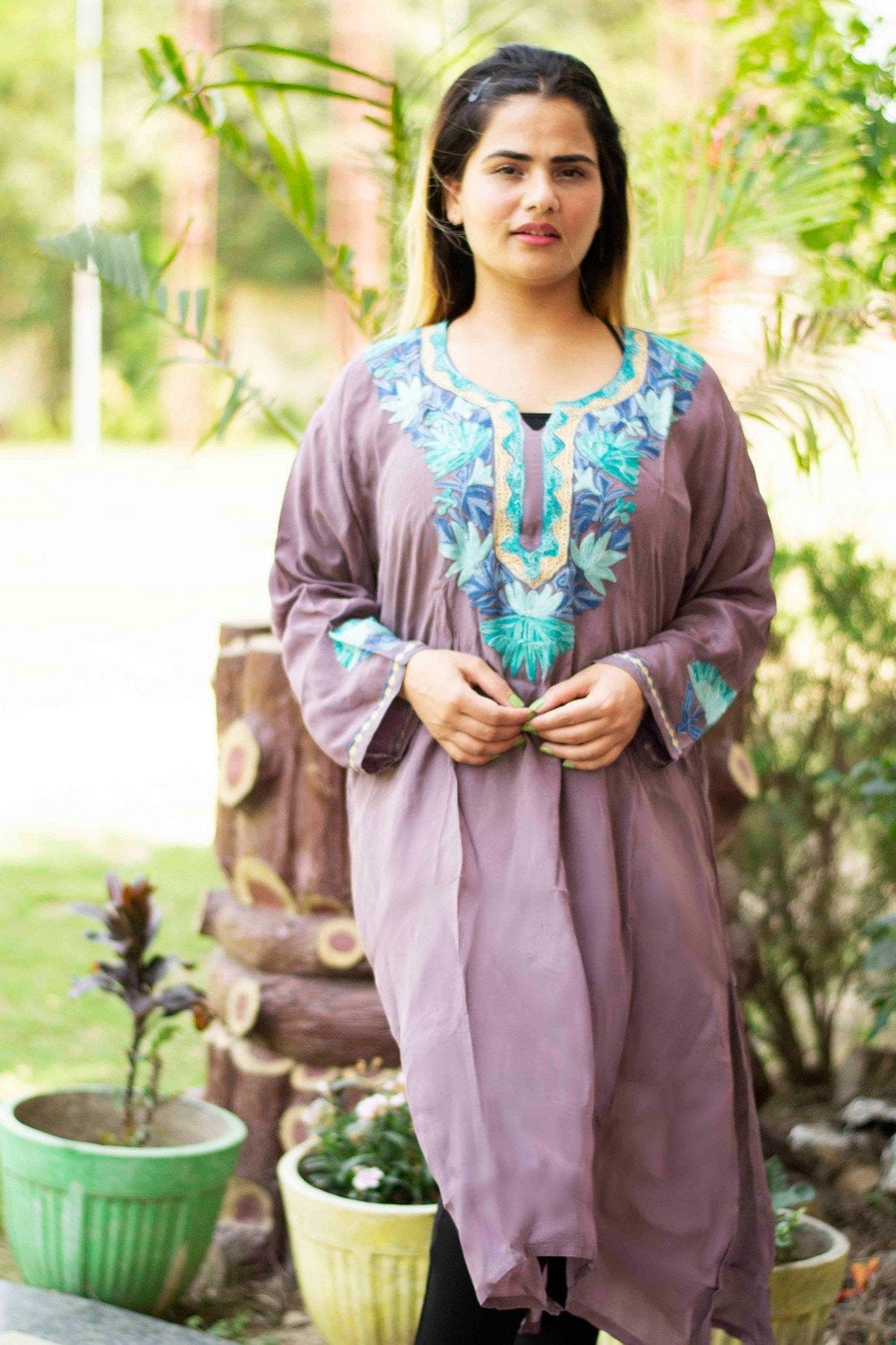 Grey Colour Kashmiri Crepe Kurti With Beautiful Aari