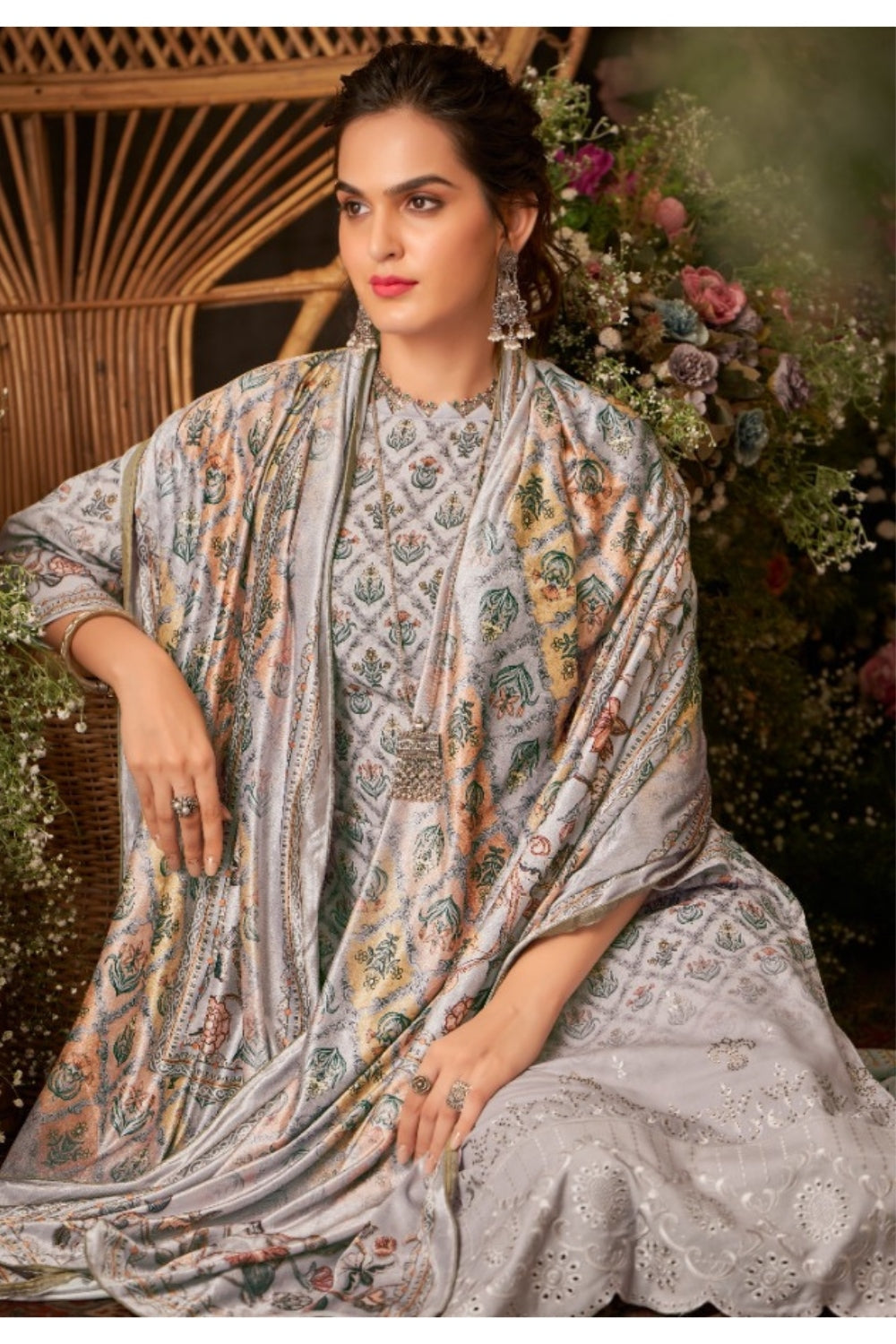 Grey Colour Printed Woolen Unstitched Suit Fabric With Stole