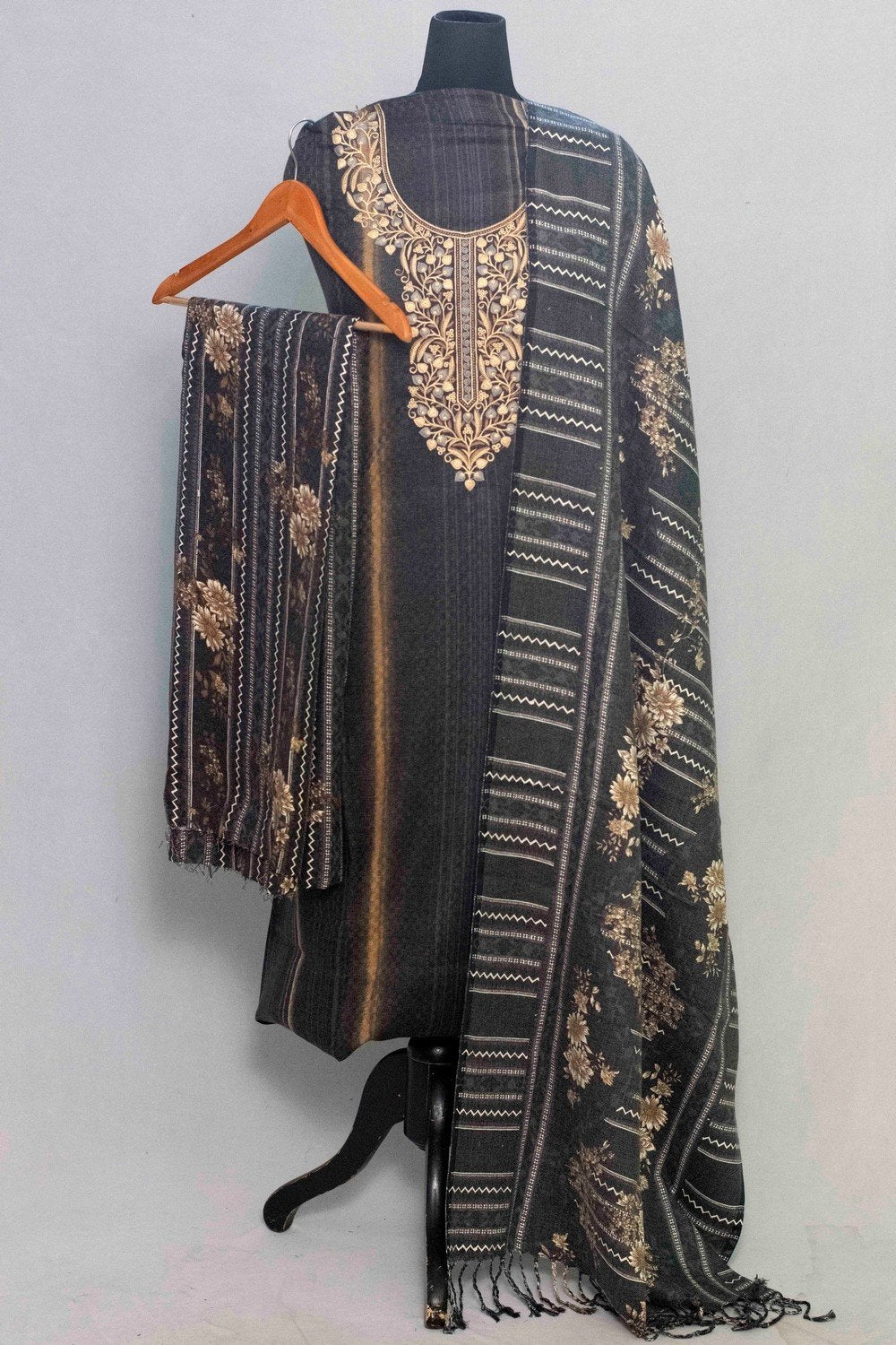 Grey Colour Woolen Kani Printed Suit With Neck And Over All
