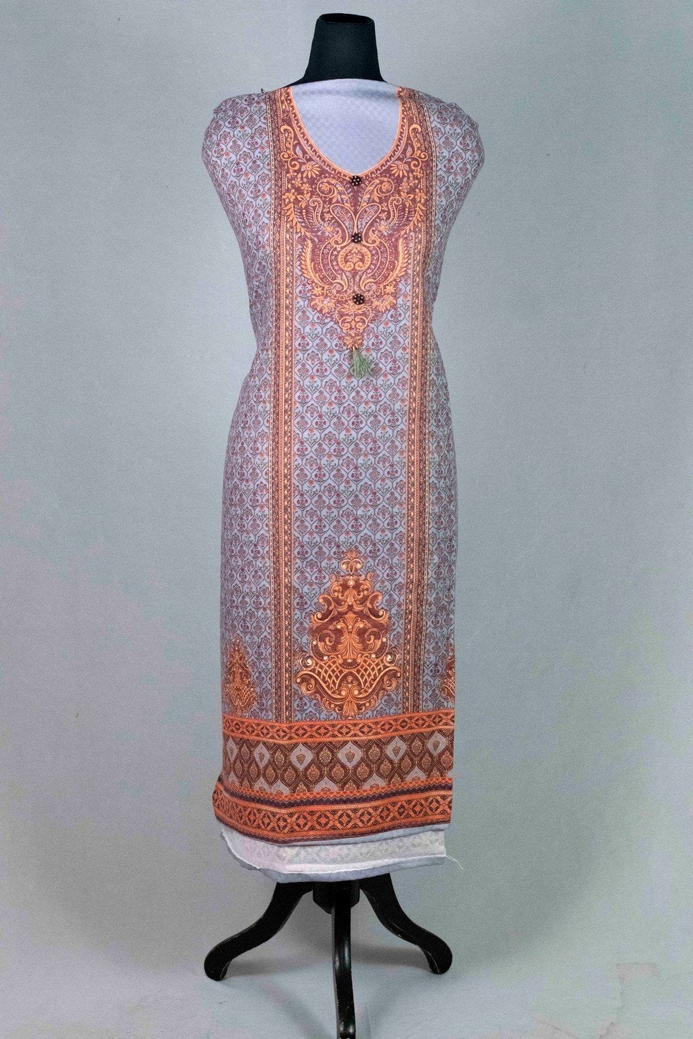 Grey Colour Woolen Kani Printed Suit With Neck And OverAll