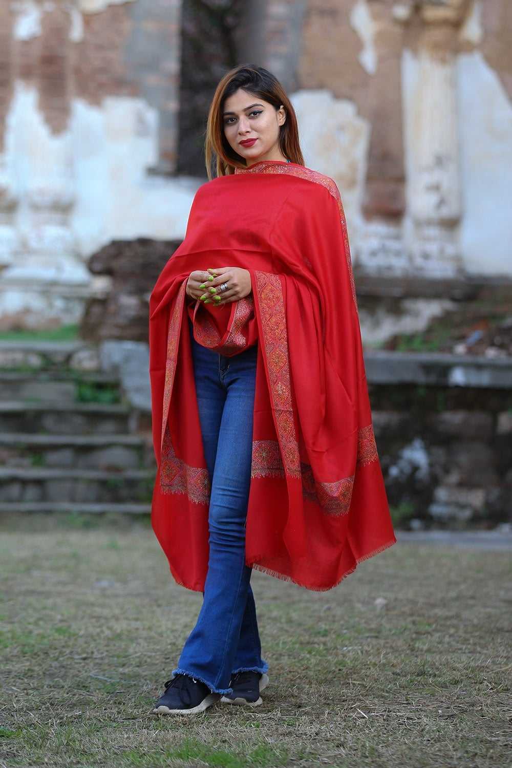 Hot Red Colour Kashmiri Sozni Shawl Emblished With Designer