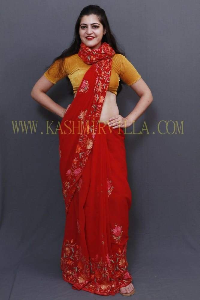 Hot Red Colour Saree With Dense Aari Jaal On Pallu