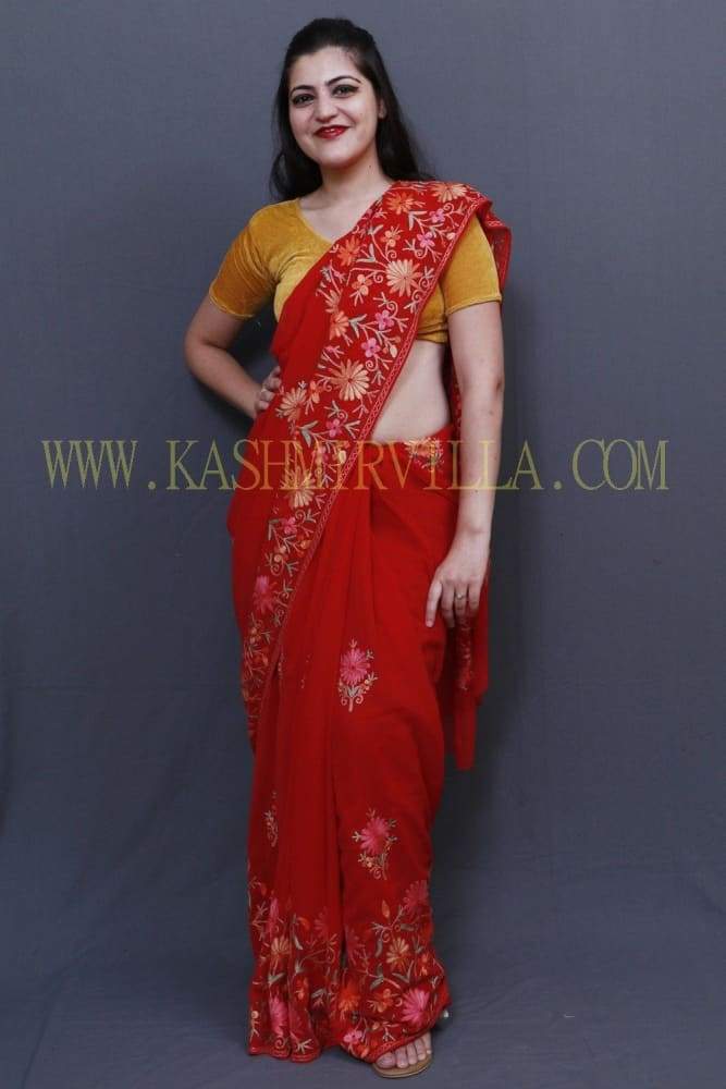 Hot Red Colour Saree With Dense Aari Jaal On Pallu