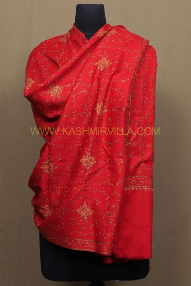 Hot Red Colour Sozni Shawl With Beautiful Allover Jaal Is