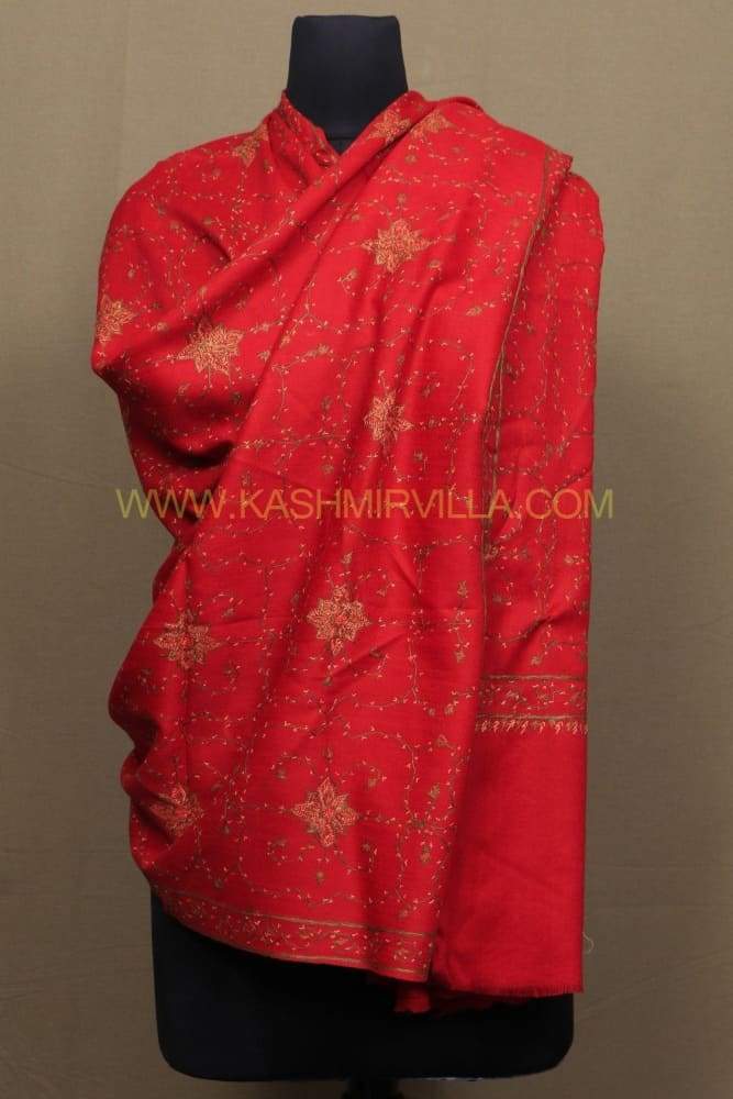 Hot Red Colour Sozni Shawl With Beautiful Allover Jaal