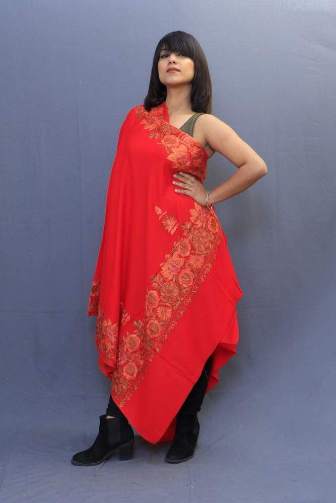 Hot Red Colour Stole With Kashmiri Four Sided Border Add