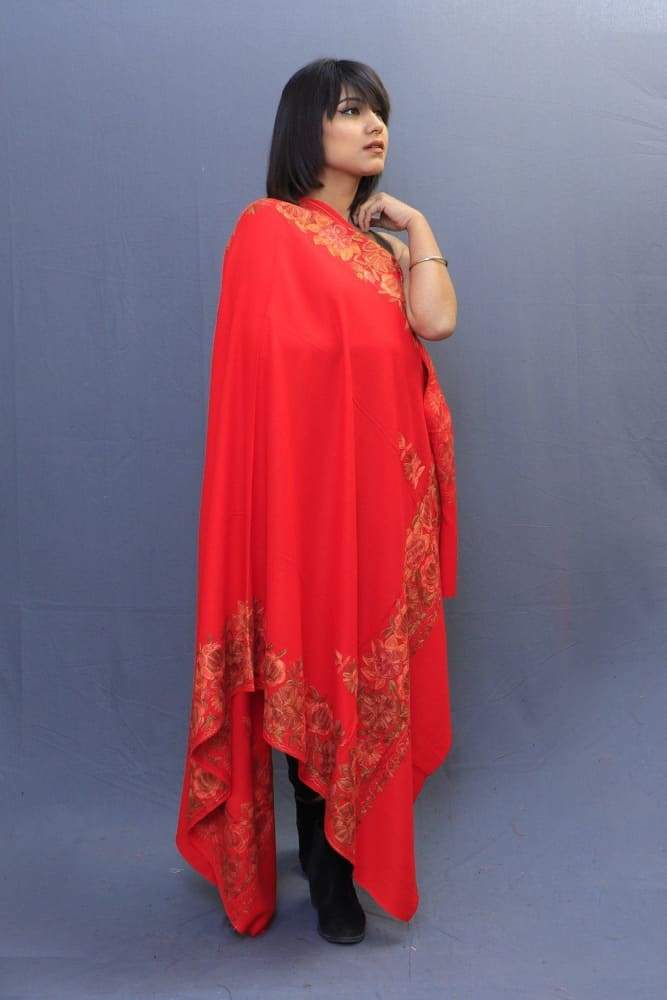 Hot Red Colour Stole With Kashmiri Four Sided Border Add