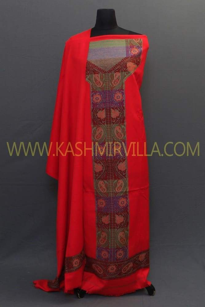 Hot Red Colour Woolen Suit With Self Woven Embroidery Known